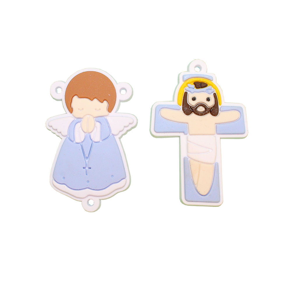 Apliques de Silicone para Terço Infantil - Crucifixo + Anjinho - Azul com Branco
