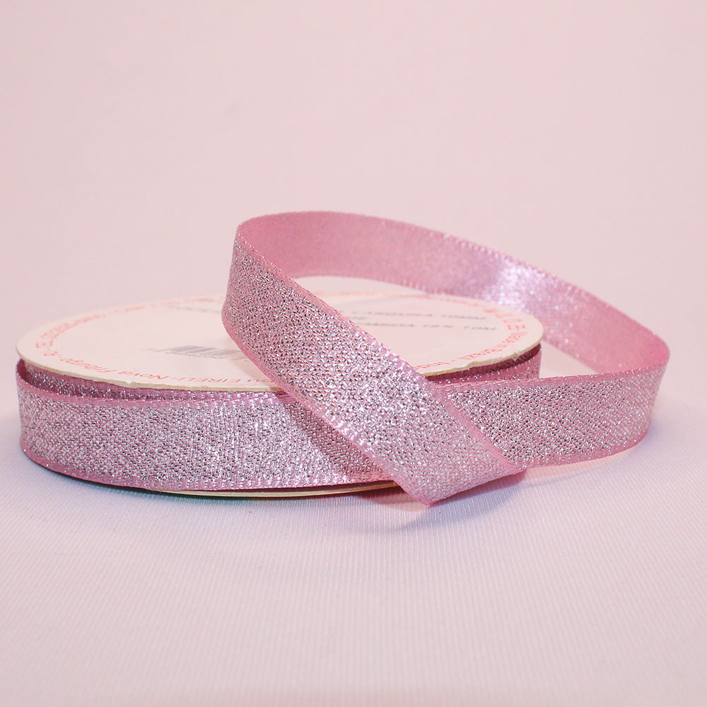 Rolo de fita cetim gliterizado - Rosa - 10 mm