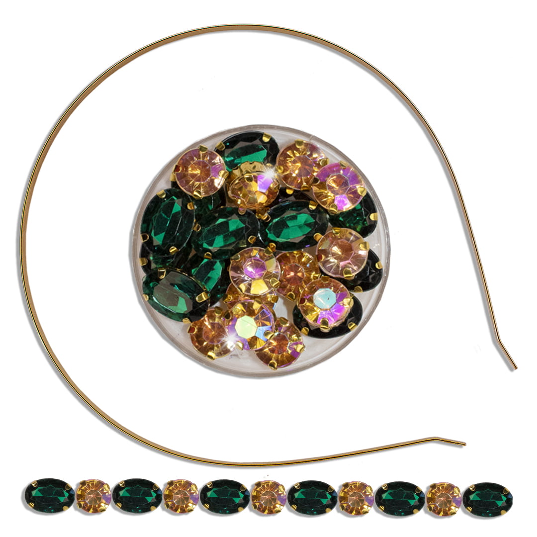 Conjunto completo para um tiara de pedras verde esmeralda com pêssego irisado