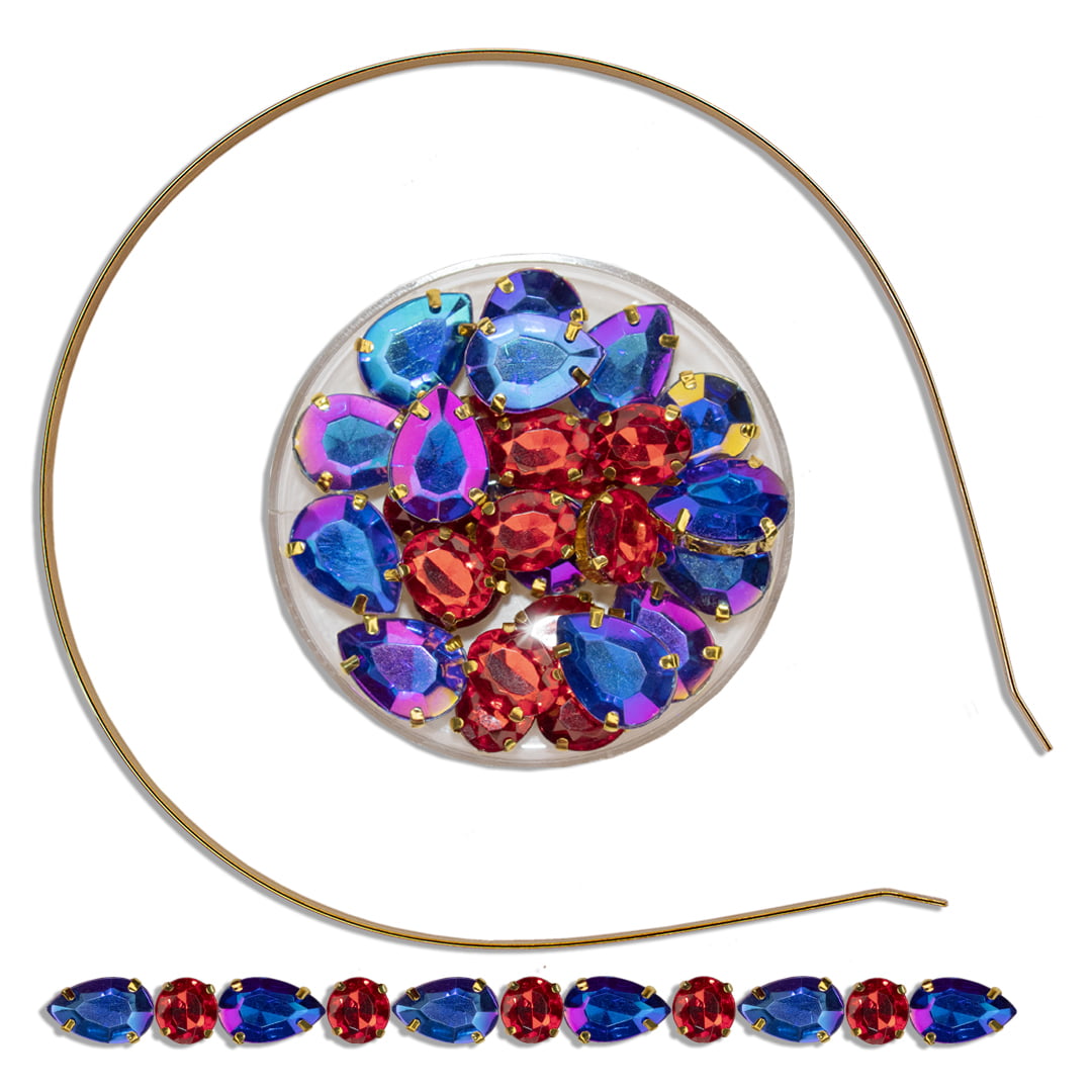 Conjunto completo para um tiara de pedras vermelho com azul irisado