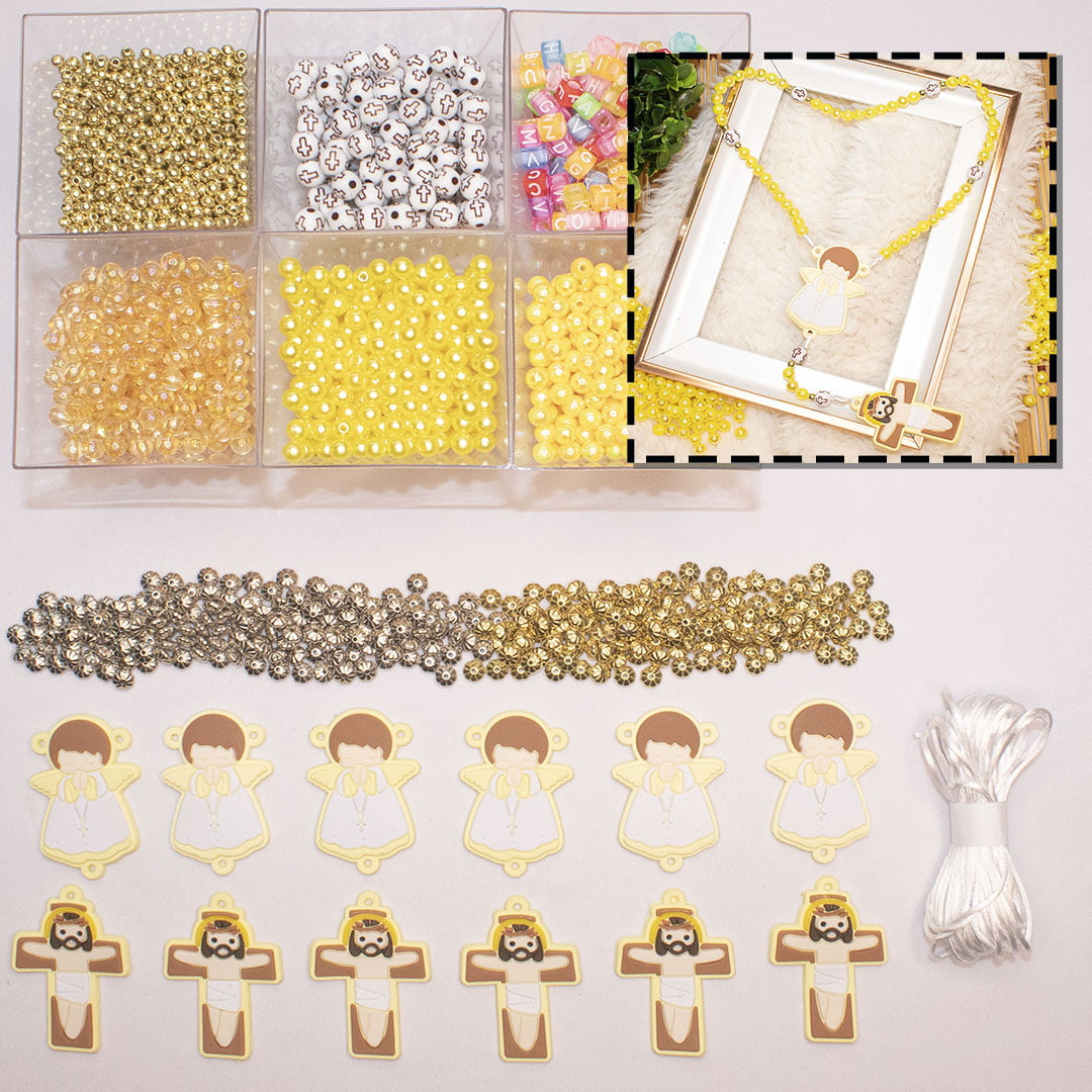 Kit de miçangas para terço Amarelo + Apliques de Silicone