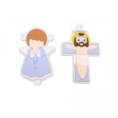 Apliques de Silicone para Terço Infantil - Crucifixo + Anjinho - Azul com Branco