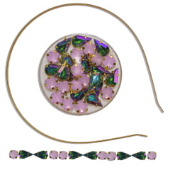 Conjunto completo para um tiara de pedras rosa leitoso com verde irisado